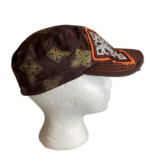 Y2K Distressed Military Style Cadet Cap With Embroidered Patches & Orange Stitch